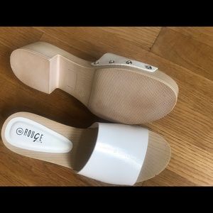 White low heeled wooden clog sandals